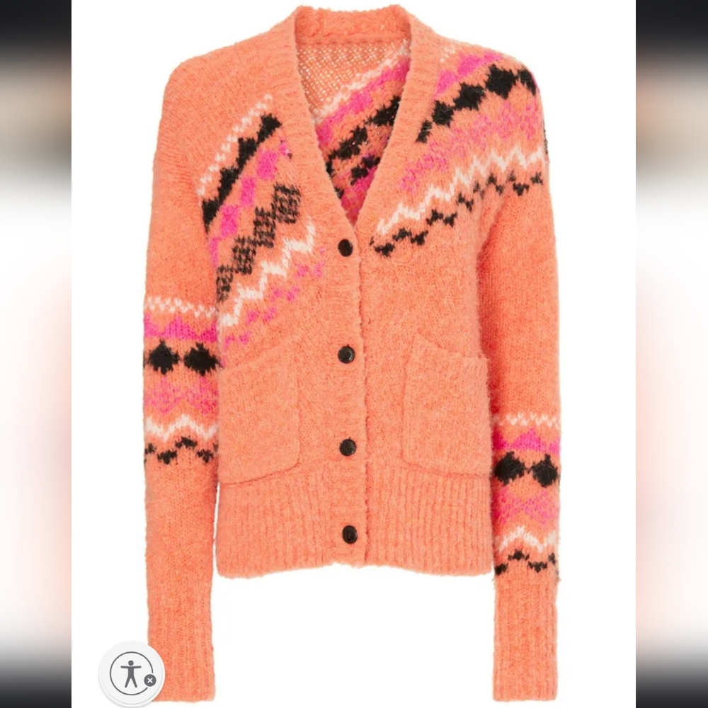Derek Lam 10 Crosby Orange Bette Fair Isle Cardigan, SZ medium